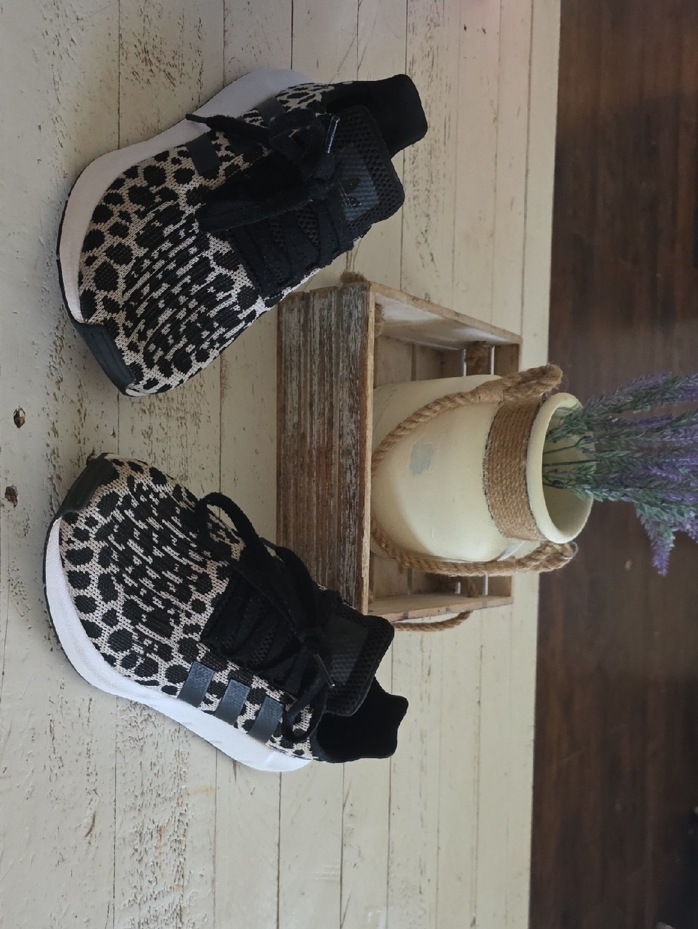 Adidas Originals Swift Run W Black and Cream Leopard Knit Athletic Sneakers
